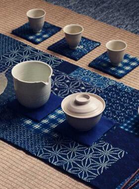 蓝色红色棉麻拼布印花茶席布艺桌旗茶布茶杯垫禅意中式复古民族风