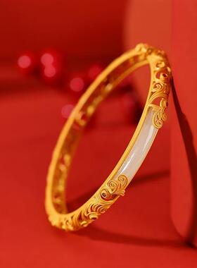 复古鎏金宫廷风设计款镂空如意无事牌玉石手镯气质时尚高级感手环