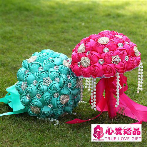 一件代发 新娘手工婚礼缎带手捧花 珍珠diy韩式手捧花托