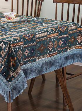84GG美式雪尼尔餐桌布复古少数民族风小众流苏刺绣轻奢长方形台布