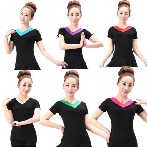 热卖广场舞蹈莫代尔衣服V圆领短袖T恤练功中老年瑜伽服女演出服装