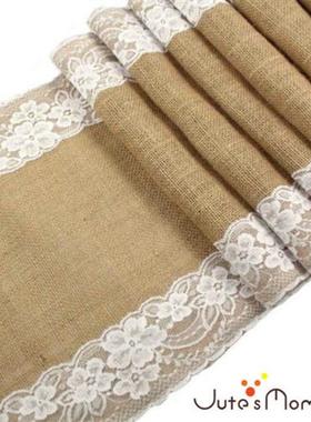 跨境直销手工桌布 农舍装饰派对白色桌布 圣诞餐布 黄麻蕾丝桌旗