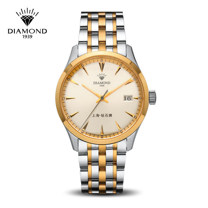 上海钻石手表男自动机械表复古间金带日历时尚商务休闲男士腕表