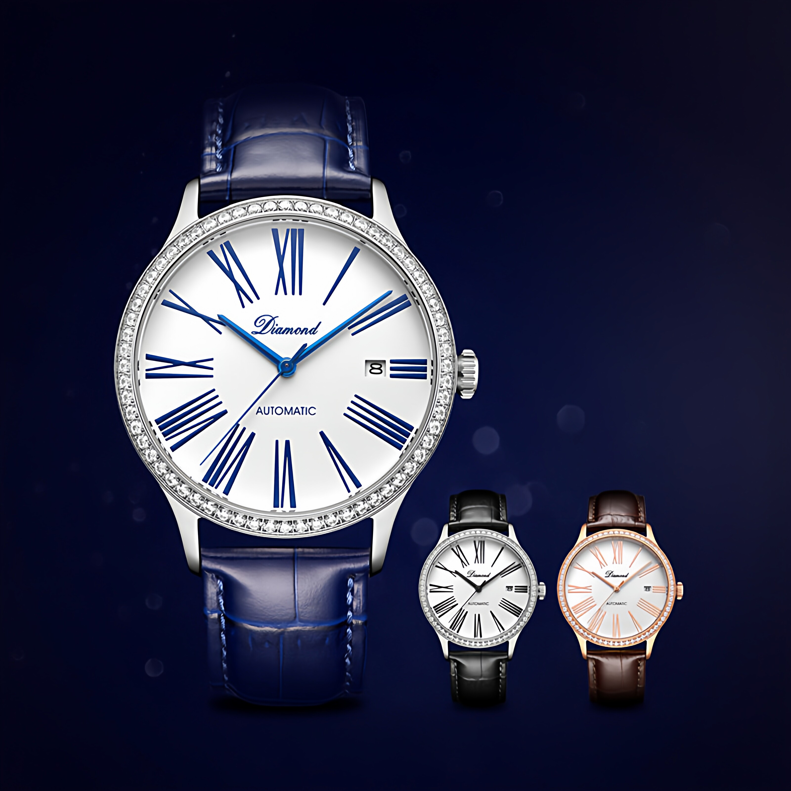 上海钻石牌手表男自动机械表时尚大表盘罗马数字镶钻学生男士手表