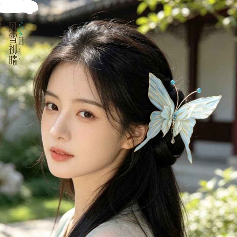 风雪初晴蝴蝶吻发夹汉服手工非遗烫花时甜美时尚复古风精美轻奢