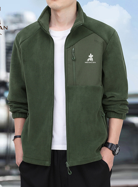 稻草人抓绒衣外套男士秋冬季加绒加厚奥粒绒开衫运动卫衣立领夹克