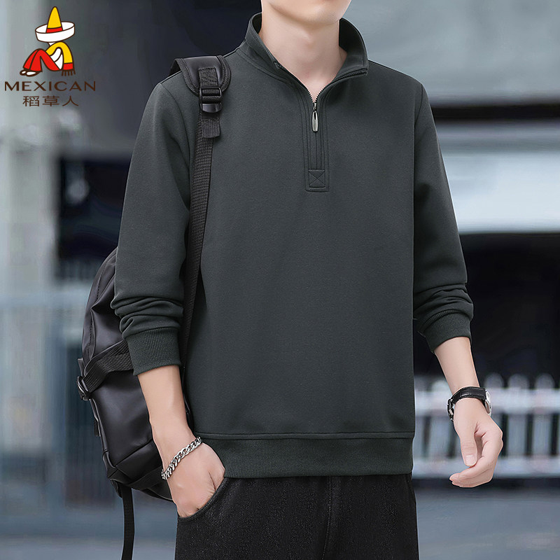 稻草人半拉链套头卫衣男士春秋季宽松立领加绒上衣纯棉长袖打底衫