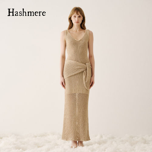 Hashmere 26SS 竹节棉拼接针型三角绑带连衣裙镂空拼接背心长裙