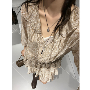 ODTD25波西米亚风腰果花印花系带荷叶边衬衫 蛋糕半裙