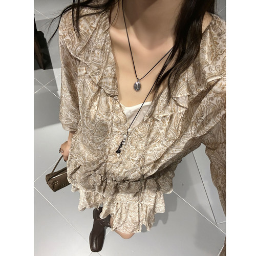 ODTD25波西米亚风腰果花印花系带荷叶边衬衫蛋糕半裙