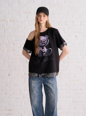 Aimme sparrow25SSS 斜肩小熊印花短袖蓝色豹纹烫钻牛仔裤