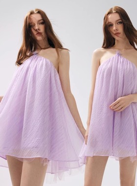 MOOD X MIURA 25SS  紫色雪纺水晶挂脖连衣裙