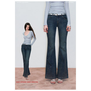 VIAPITTI设计感复古烫钻喇叭牛仔裤女装春季显瘦百搭微喇长裤