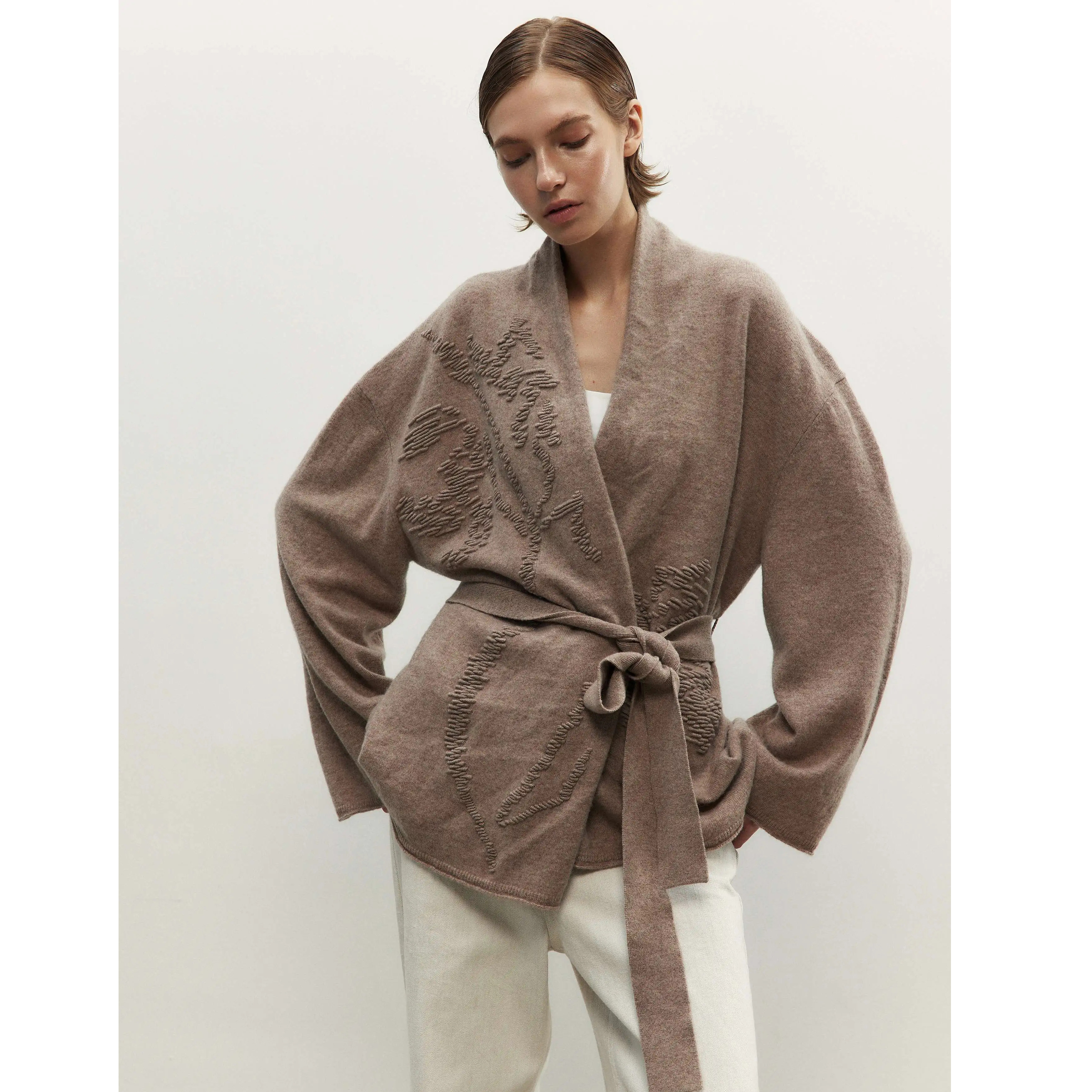 NONETONE · 深卡其轻柔罗兰系列谷波提花飘带针织外套