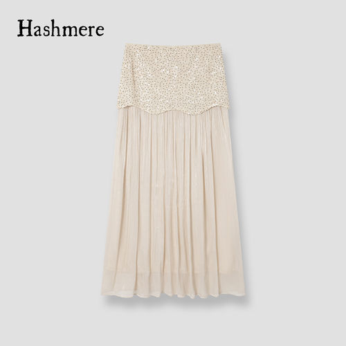 Hashmere 26SS 裸粉色重工钉珠波浪下摆A字裙拼接假两件度假半裙