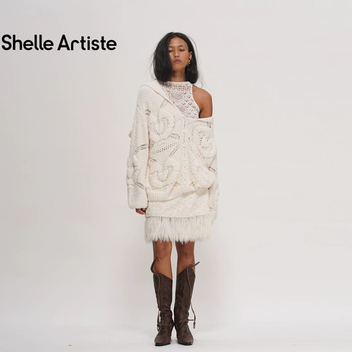 SHELLE ARTISTE设计师品牌干杯吧毛针织衫提花流苏毛边高腰短半裙