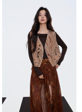 Aimme sparrow25FW 卡其纽扣纹理马甲棕色波西米亚半身裙