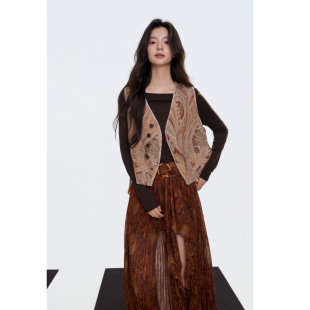 Aimme sparrow25FW 卡其纽扣纹理马甲棕色波西米亚半身裙