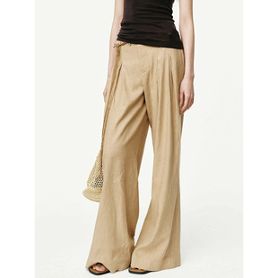 附编绳串珠链条腰带长裤 麻纹褶裥阔腿裤 送腰链 ZHI春夏新款