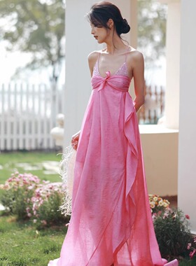 MOOD X MIURA 25SS 玫红色提花拼接不对称荷叶边长裙