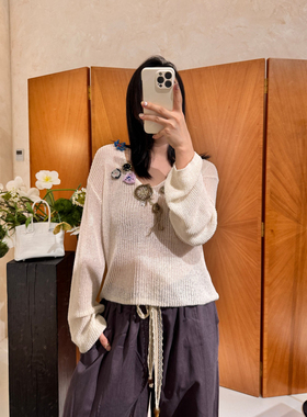 现货Shelle Artiste露背手钩花毛衣V型露背廓形一字肩法式慵懒风