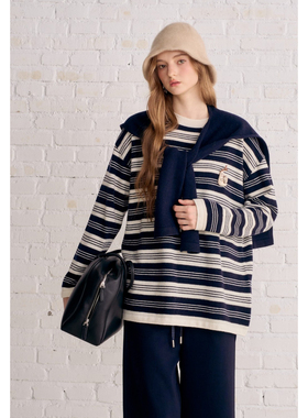 Aimme sparrow25FW系列织物之美条纹蜗牛海军领长袖格纹拼接长裤