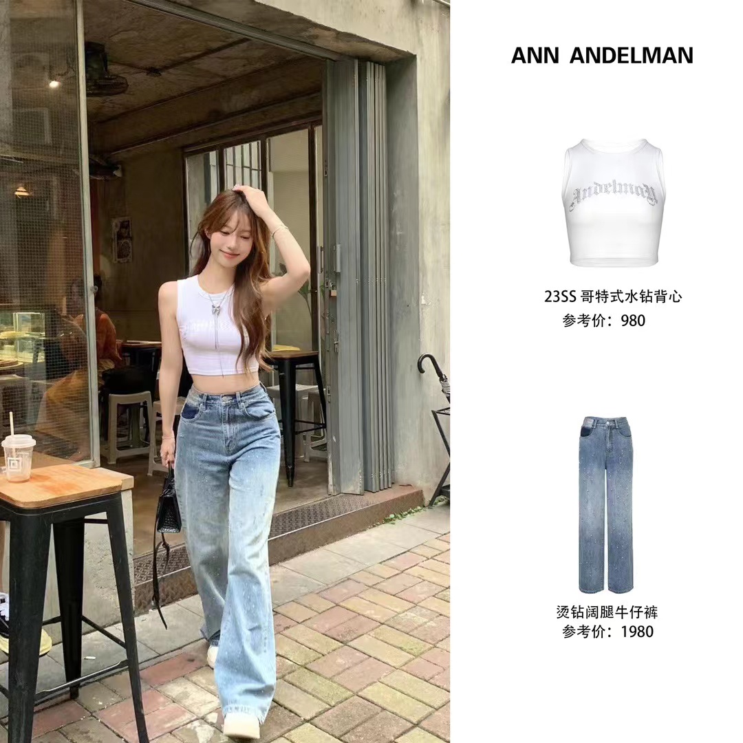 牛仔裤烫钻阔腿裤ANNANDELMAN