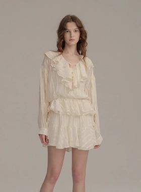 SIEW 2025AW新款 立体灯笼袖穿珠抽绳荷叶边雪纺连衣裙