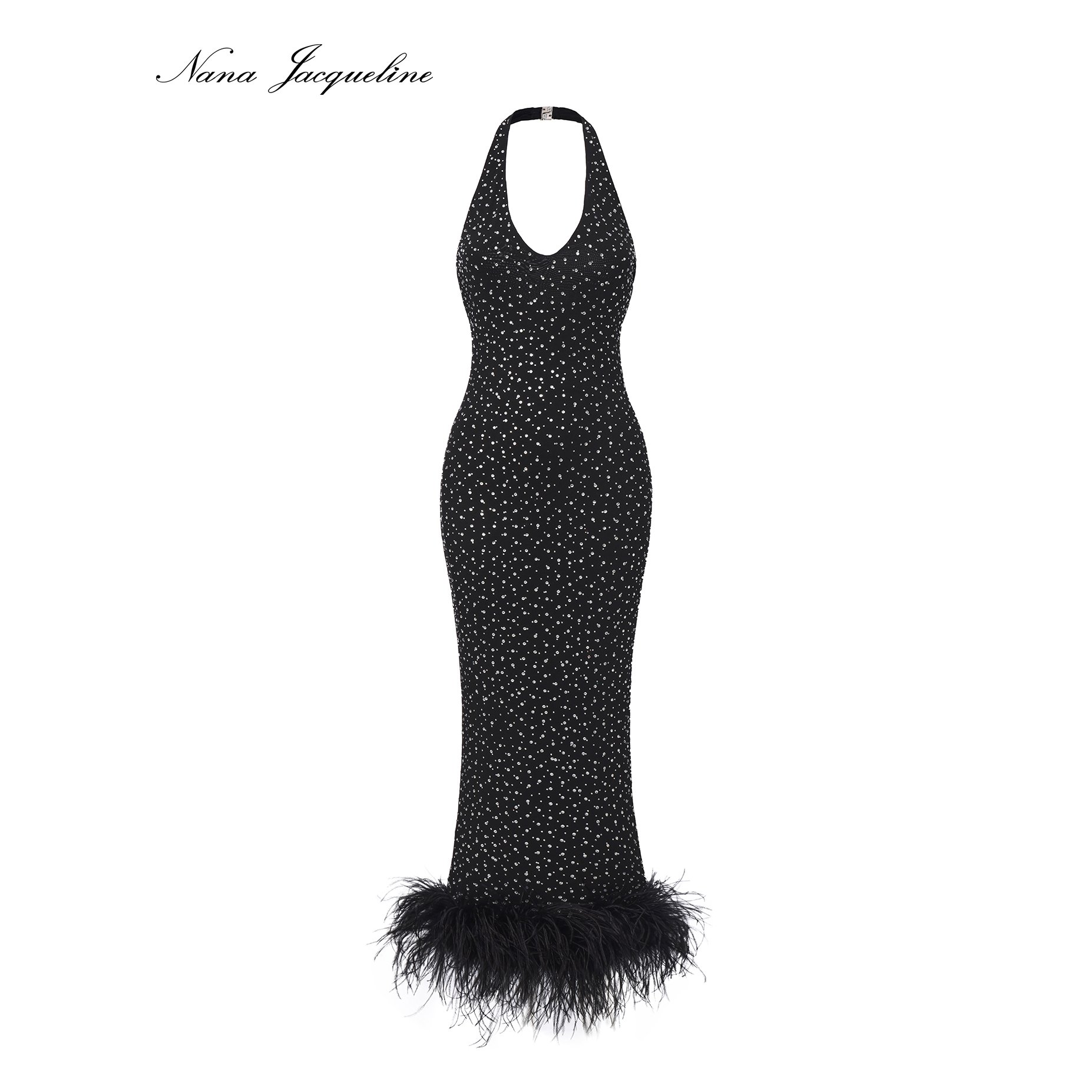 Nana Jacqueline全钻挂脖修身连衣裙冬新款毛毛拼接下摆鱼尾礼服