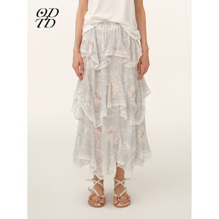 顺纡绉印花与蕾丝拼接松紧腰半裙女 ODTD26春夏新款 设计师女装