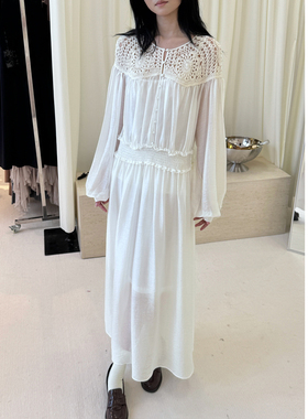 NONETONE 天丝混纺手钩针织拼接长袖连衣裙