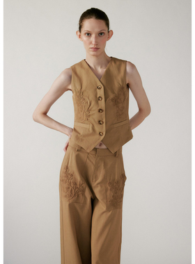 NONETONE 卡其色棉混纺卡其色复古花卉立体压印马甲压印裤子