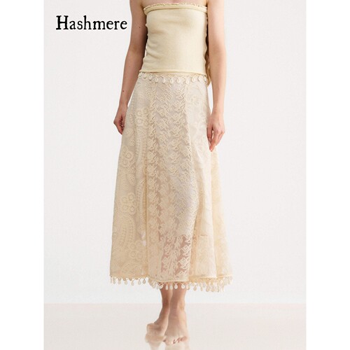 Hashmere 26SS 海岛度假风拼接蕾丝A摆半身裙温柔气质精致长裙