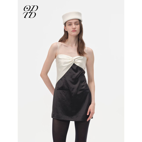 【设计师女装】ODTD26秋季新款丝毛撞色纽结式连衣裙女法式小礼裙