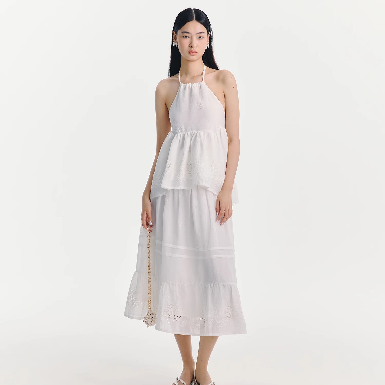 ESTER HSU 25SS 苎麻绣花露背绑带上衣苎麻绣花褶皱半身裙