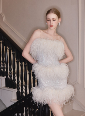 Wardrobes by chen2025SS 绣珠蕾丝羽毛连衣裙