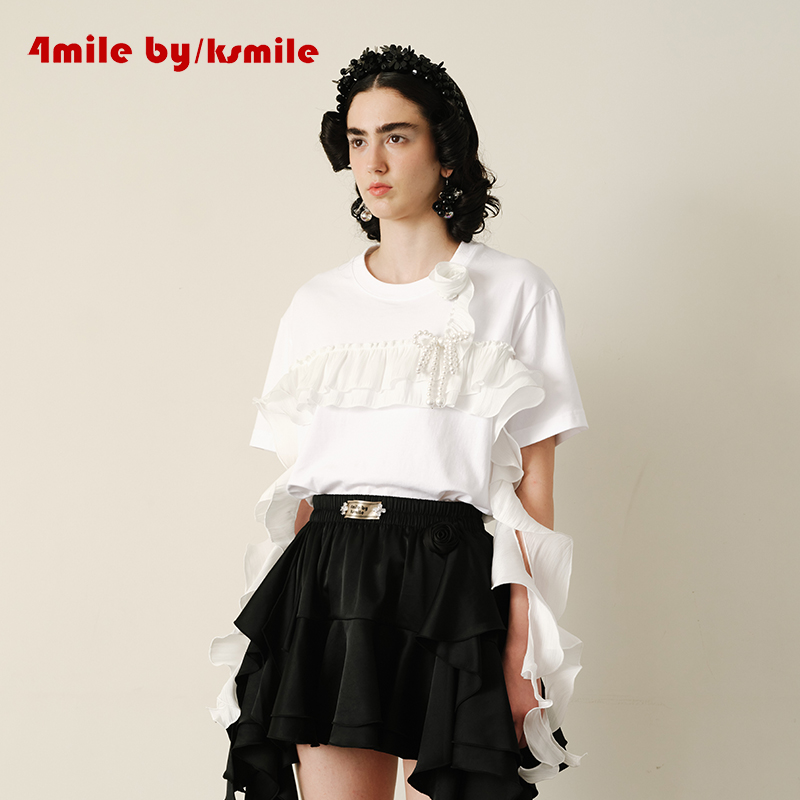 4MILE BY KSMILE 25夏季新款仙气流光荷叶边短袖T恤小众夏季上衣
