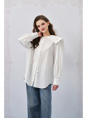 Three Quarters 26SS新款 白色重磅珠管绣海军领木耳边衬衫