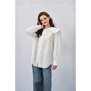 白色重磅珠管绣海军领木耳边衬衫 26SS新款 Quarters Three