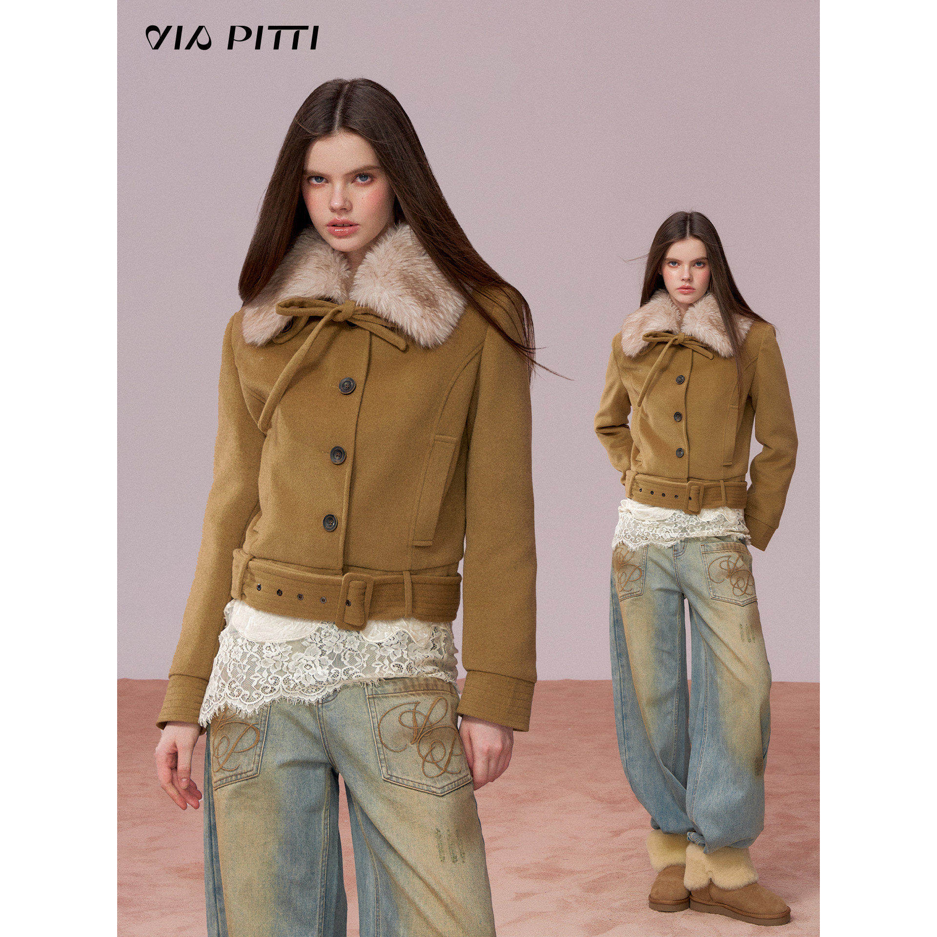 VIAPITTI重工毛毛领可拆卸夹棉蝴蝶结绑带棉服女装秋冬翻领外套,女装/女士精品,时尚套装,淘宝优惠券,粉丝福利购,淘宝优惠卷