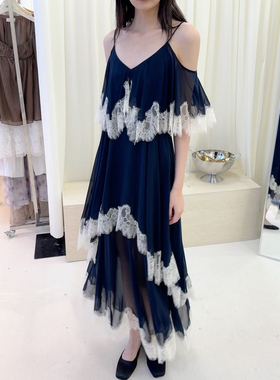 NONETONE · 雾蓝真丝蕾丝拼接多层吊带连衣裙
