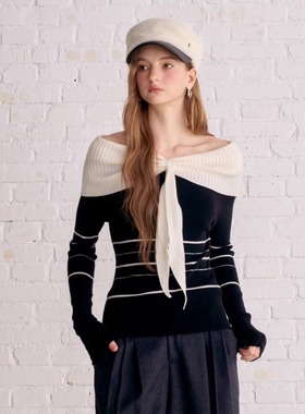 Aimme sparrow25FW 白色一字肩系带条纹针织长袖