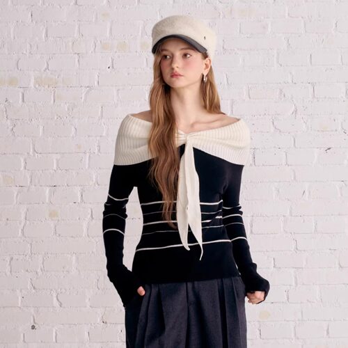 Aimme sparrow25FW 白色一字肩系带条纹针织长袖