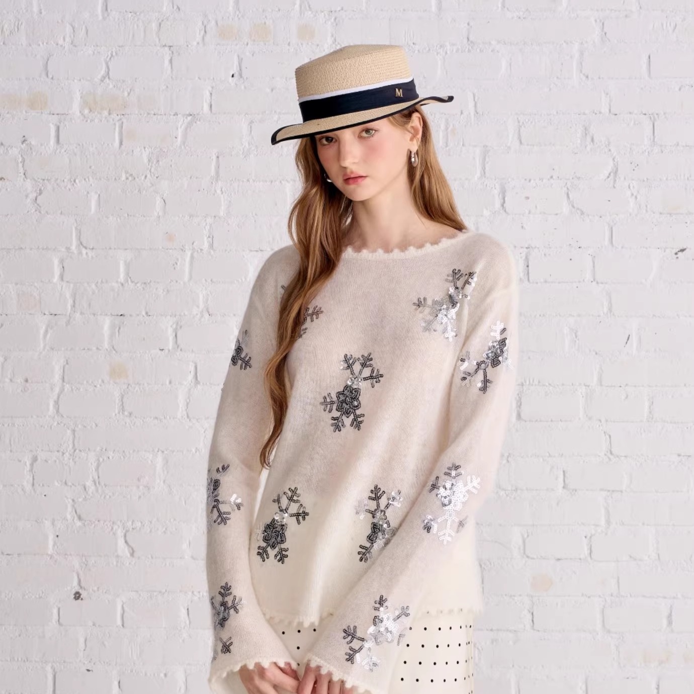 Aimme sparrow25FW 白色一字肩系带条纹针织长袖