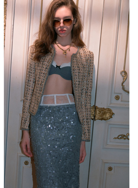 Min Pura 蓝色拼接丝线编织外套腰部鱼骨镂空拼接亮片半裙