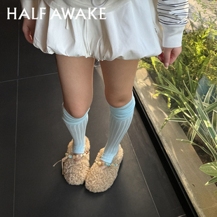 HALFAWAKE2025秋冬新款羊羔毛手工串珠毛毛鞋羊毛踩跟玛丽珍鞋女