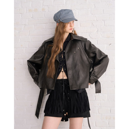 Aimme sparrow25FW 黑色棕色短款系带皮衣