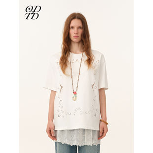 花朵刺绣镂空宽松短袖 ODTD26春夏新款 T恤休闲百搭 设计师女装