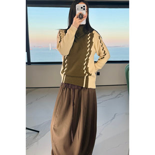 【新品】Palavas 巴黎夜莺针织上衣高领针织衫拼色绞花纹毛衣原创