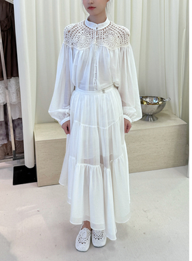 NONETONE 针织手钩拼接立领开襟宽袖衬衫  白天丝拼接蛋糕半裙